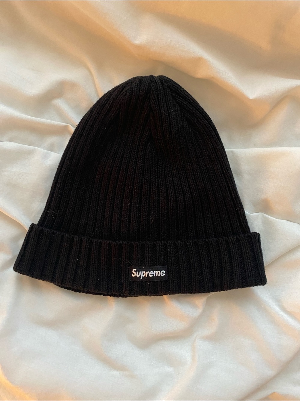 Supreme Black Ribbed Cuffed Beanie with Logo Patch